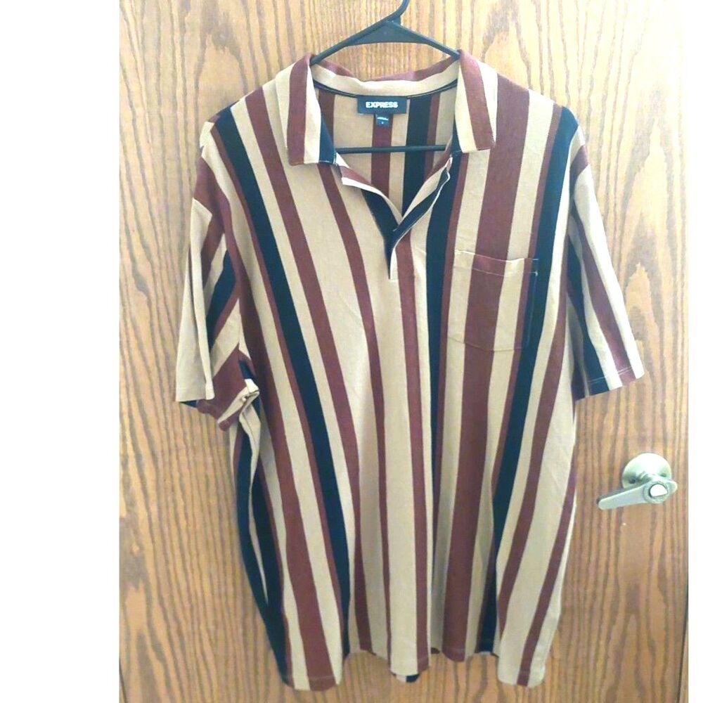 Express Polo Shirt Mens L Retro 70s Striped Johnny Collar Knit Earth Tone Brown